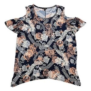 Sami & Jo Womens Large Navy Blue Floral Cold Shoulder Sharkbite Hem Blouse Top